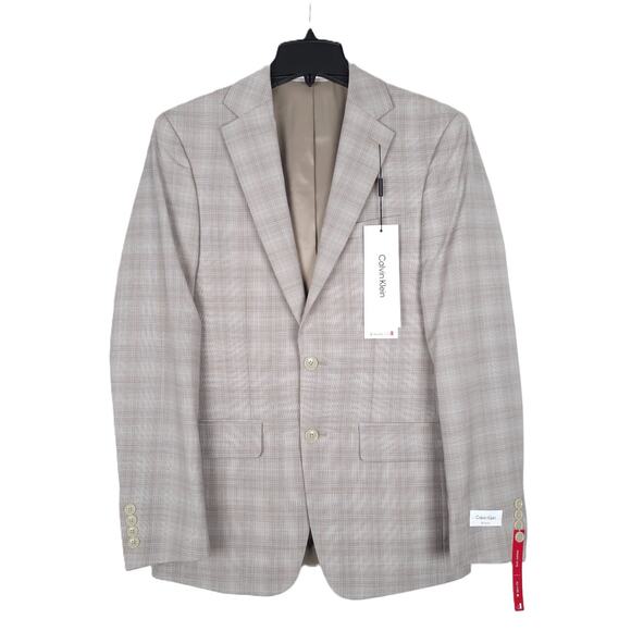 Calvin Klein Men's Slim-Fit Stretch Wool Suit Jacket Light Tan Plaid 36S NWT - Picture 1 of 7
